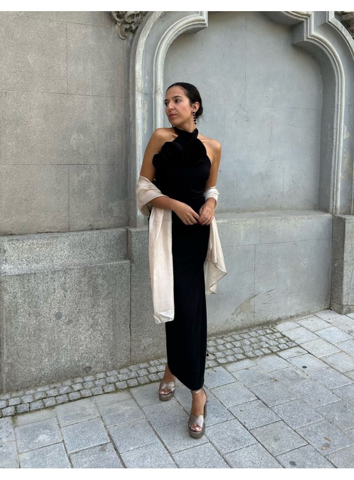 Black midi party dress with shawl for guest.