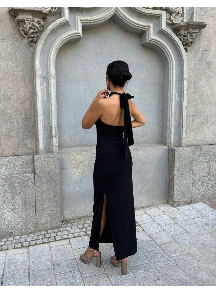 Black midi party dress with bow at the neck.