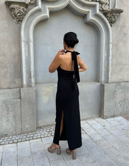 Black midi party dress with bow at the neck.