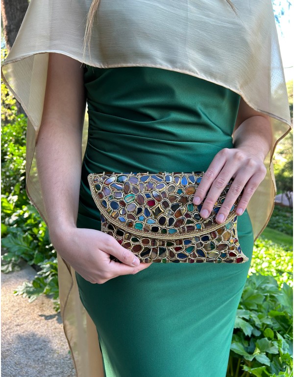 Handmade gold clutch bag with hand-stitched rhinestones...