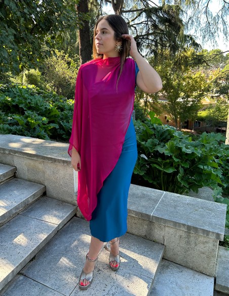 Vestido midi de fiesta satinado con hombreras azul