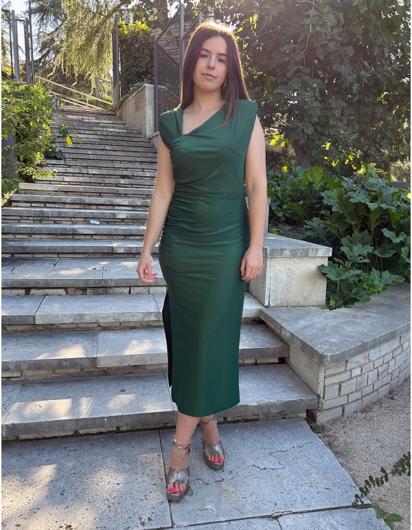 Satin midi party dress with shoulder pads