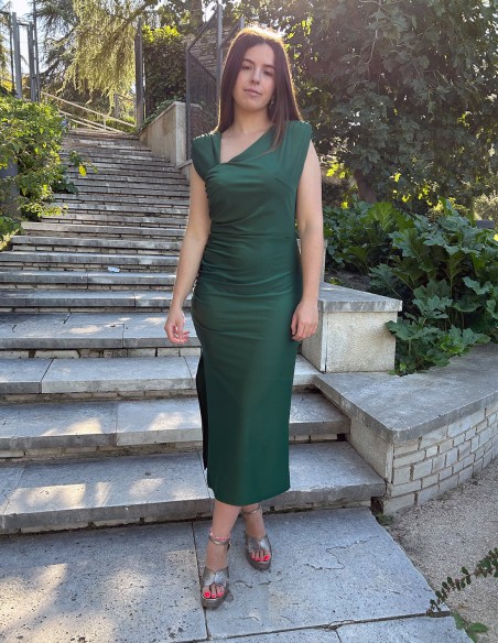 Satin midi party dress with shoulder pads