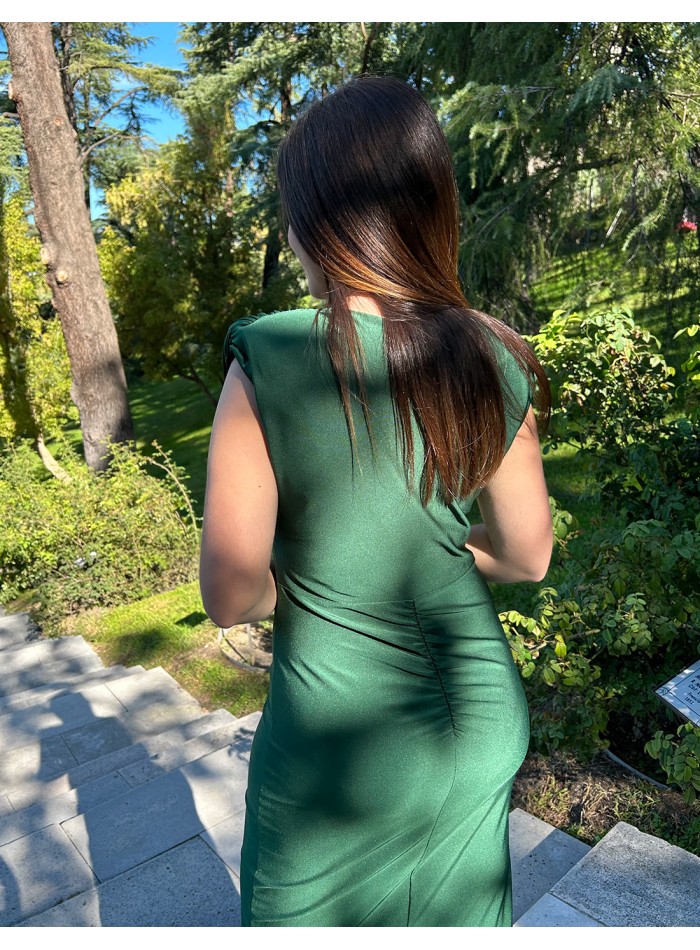 Satin midi party dress with shoulder pads