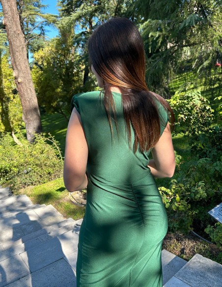 Satin midi party dress with shoulder pads