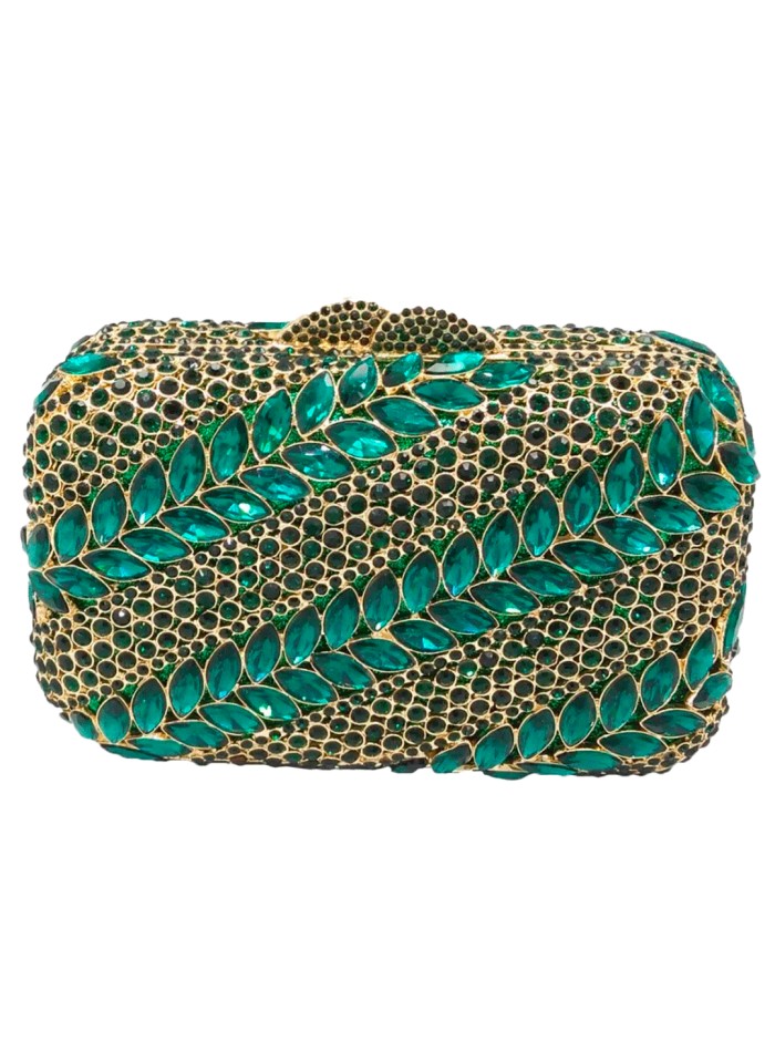 Jewel clutch bag with green crystals