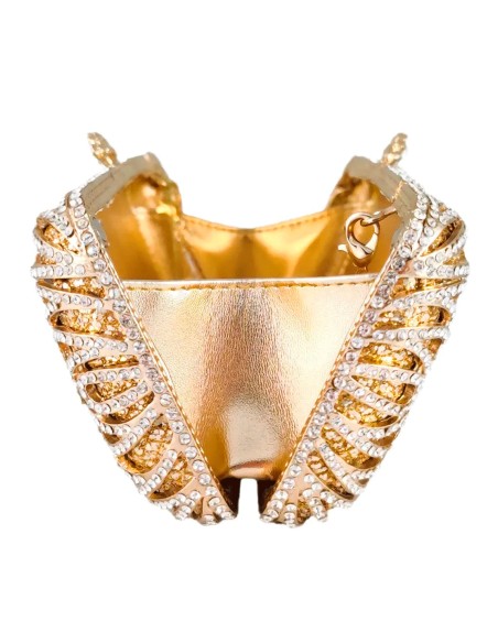 Sac à main allongé, orné de cristaux sur une base dorée