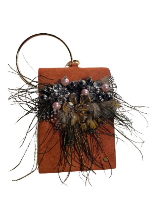 Bolso de fiesta caldera con adorno pedrería y plumas