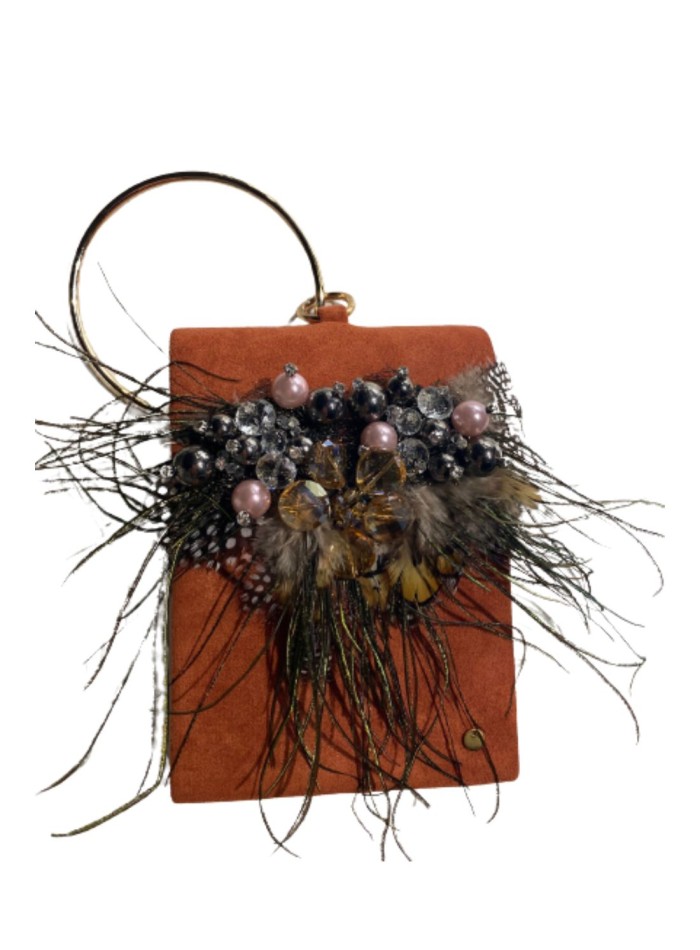 Bolso de fiesta caldera con adorno pedrería y plumas
