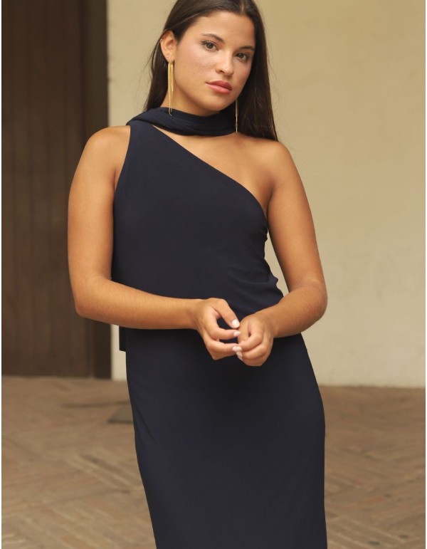 Long party dress with asymmetrical neckline and multi-position shawl