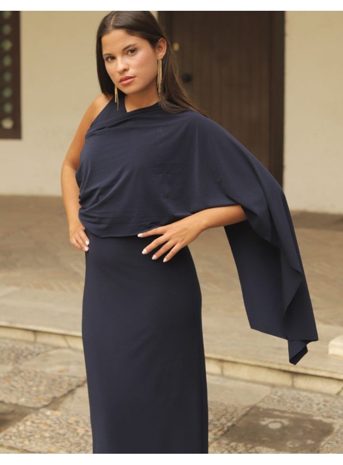 Long party dress with asymmetrical neckline and...