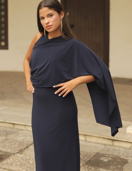 Long party dress with asymmetrical neckline and multi-position shawl