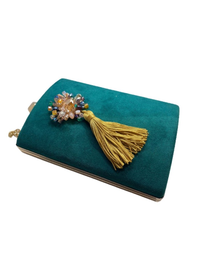 Bottle green handbag with crystal embellishment