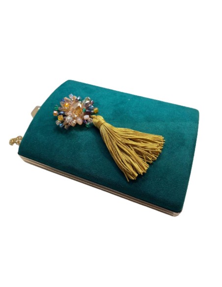 Bolso de mano verde botella con adorno cristal