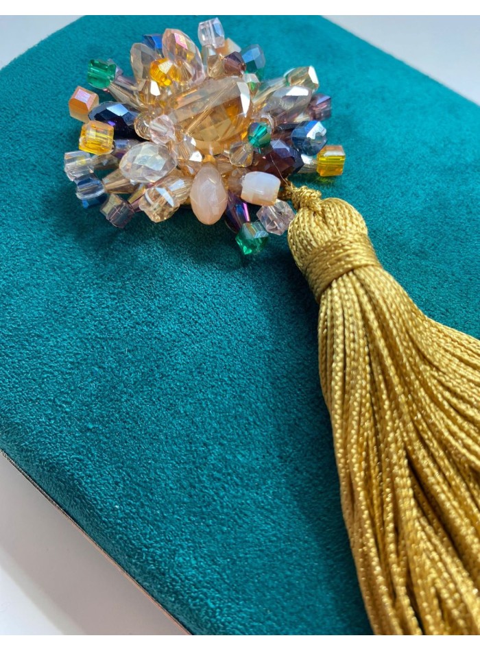 Bolso de mano verde botella con adorno cristal