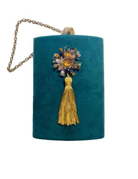Bolso de mano verde botella con adorno cristal