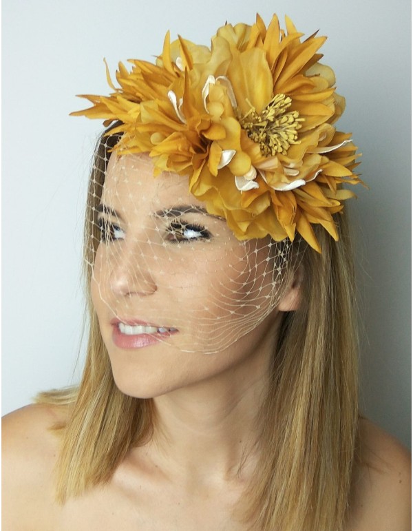 Mustard color flower headdress with veil.