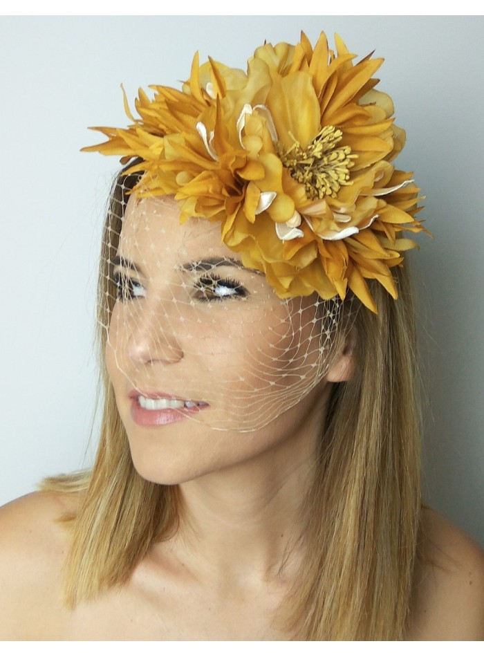 Mustard color flower headdress with veil.