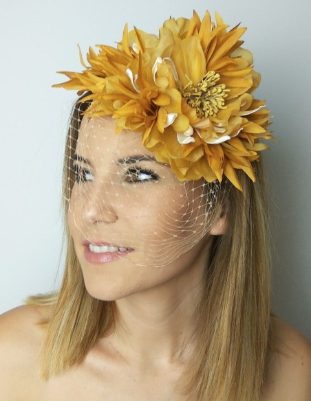Mustard color flower headdress with veil.