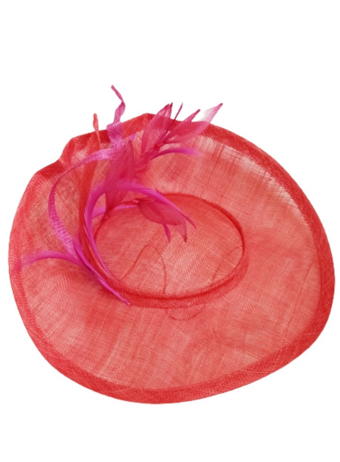 Red headdress with feathers for guest.