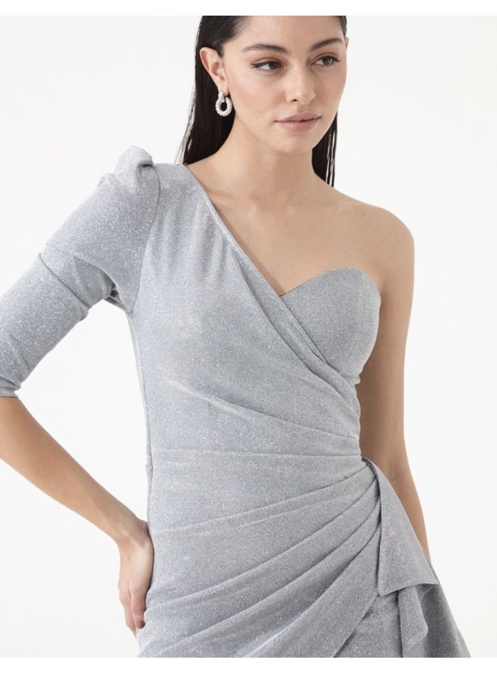 Silver long party dress with asymmetrical neckline.