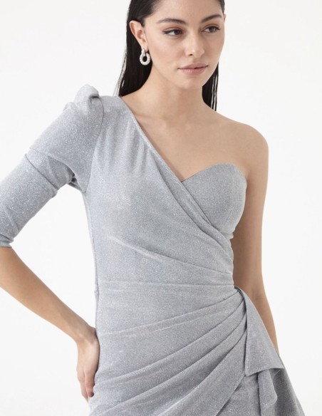 Silver long party dress with asymmetrical neckline.