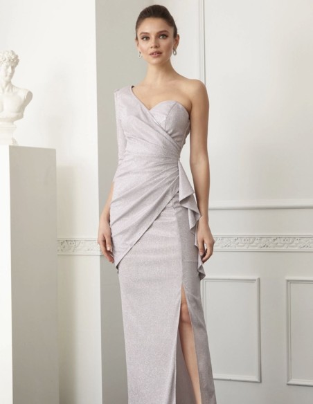 Long party dress with pink sparkles.