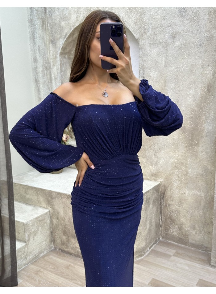 Vestido de fiesta largo con mangas globo azul