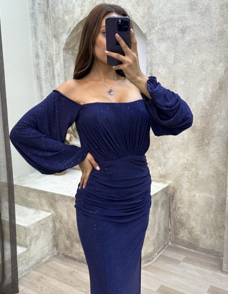 Long party dress with balloon sleeves blue