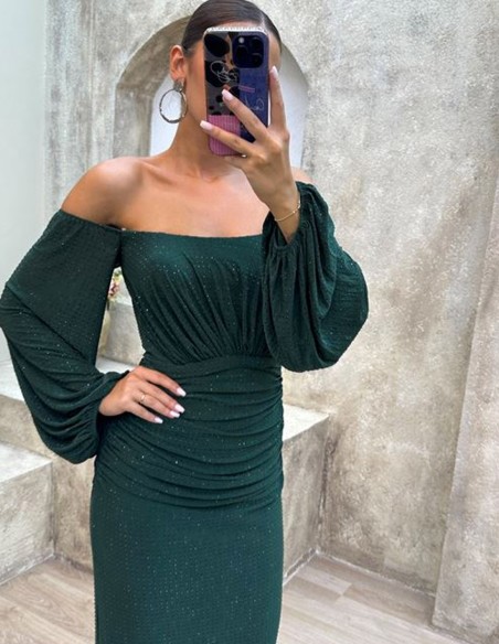 Long party dress with balloon sleeves green