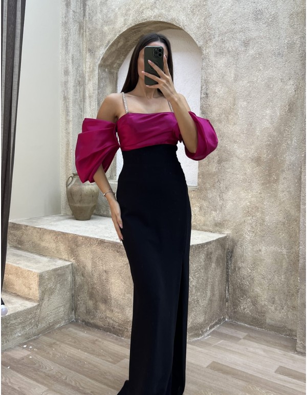 Fitted long party dress with balloon sleeves