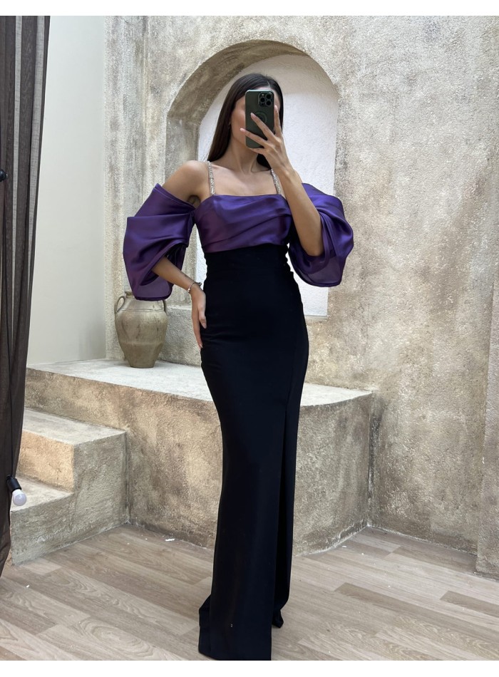Vestido de fiesta ajustado con manga globo morado