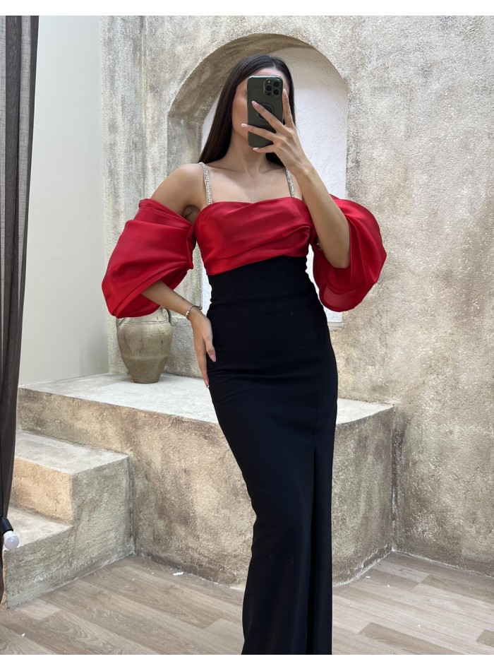 Vestido de fiesta ajustado con manga globo rojo