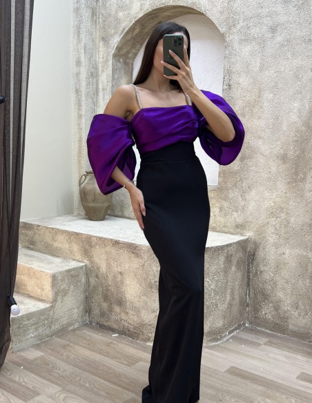 Vestido de fiesta ajustado con manga globo violeta