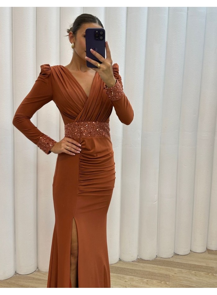Long party dress with draped neckline and sequins