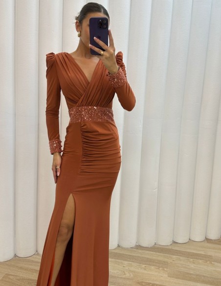 Long party dress with draped neckline and sequins