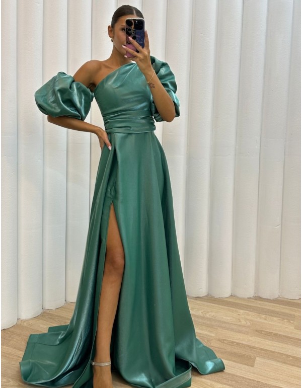 Long satin party dress with balloon sleeves