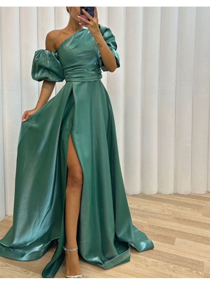 Long satin party dress with balloon sleeves