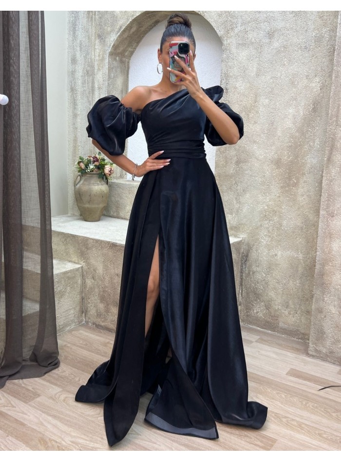 Long satin party dress with balloon sleeves