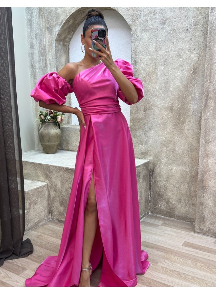 Long satin party dress with balloon sleeves