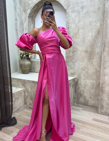 Long satin party dress with balloon sleeves