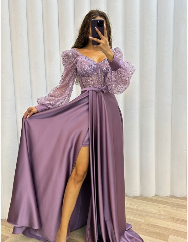 Vestido largo de fiesta de satén con corsé de lentejuelas