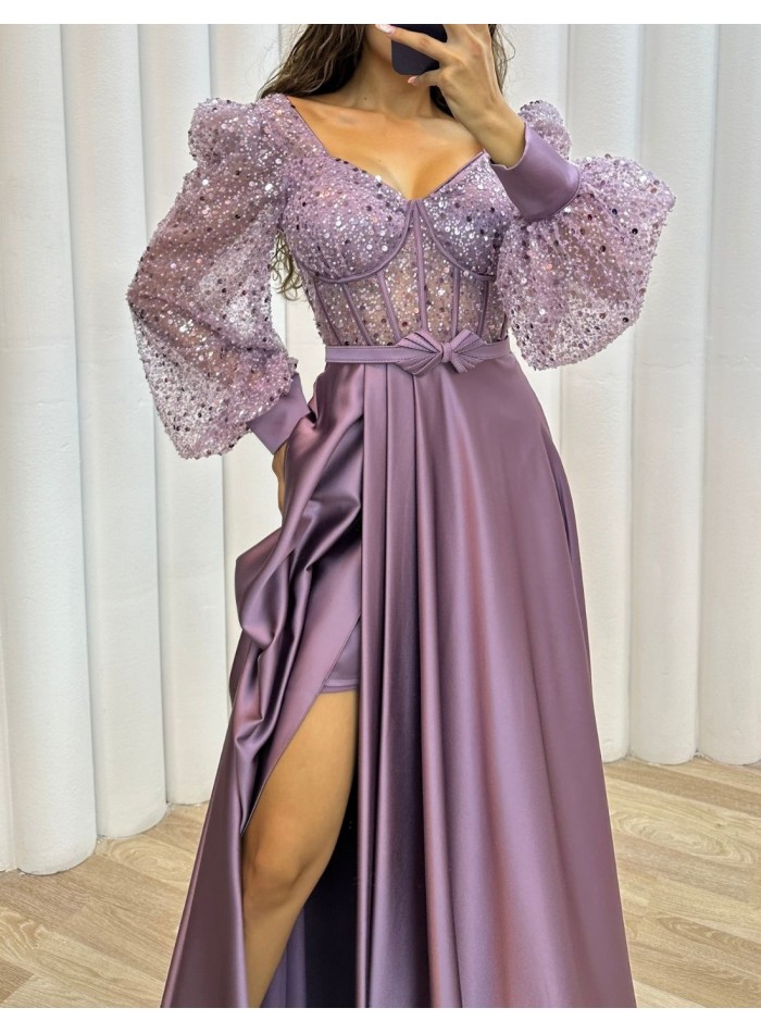 Long satin party dress with sequined corset