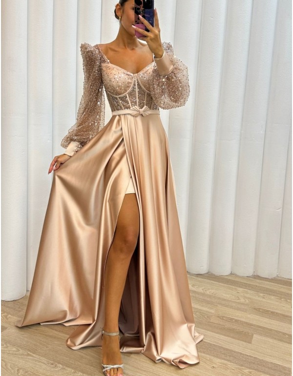 Vestido largo de fiesta de satén con corsé de lentejuelas 2
