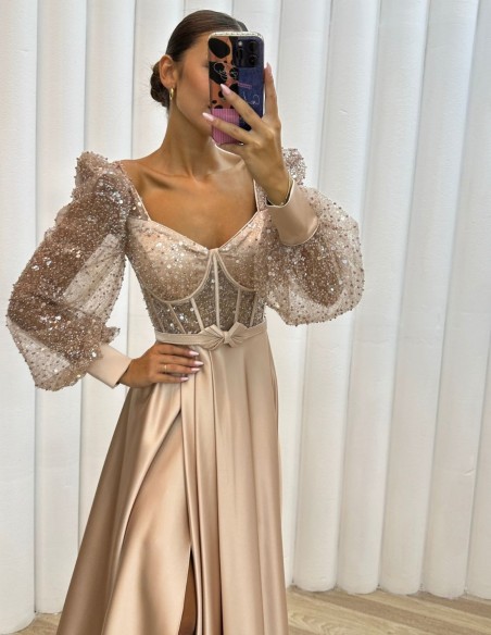 Long satin party dress with sequined corset