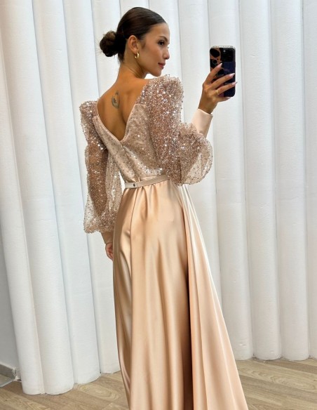 Vestido largo de fiesta de satén con corsé de lentejuelas