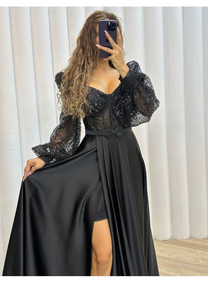 Vestido largo de fiesta de satén con corsé de lentejuelas