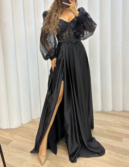 Long satin party dress with sequined corset
