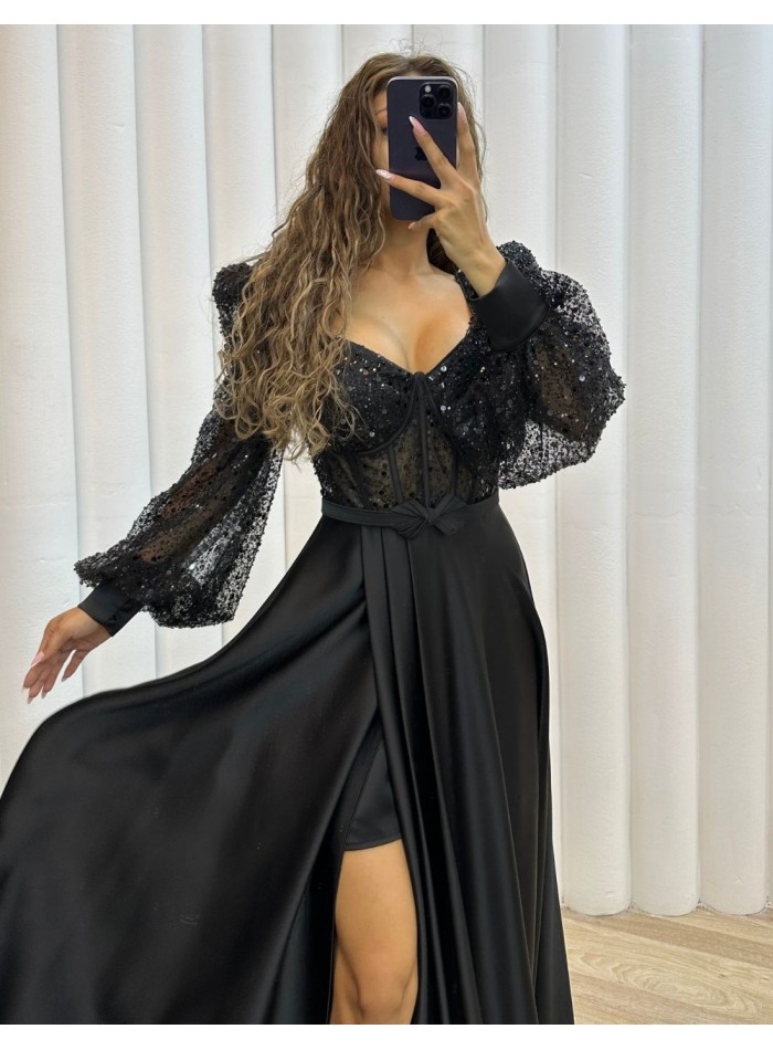 Vestido largo de fiesta de satén con corsé de...