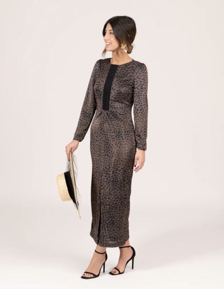 Robe midi à imprimé léopard et manches françaises